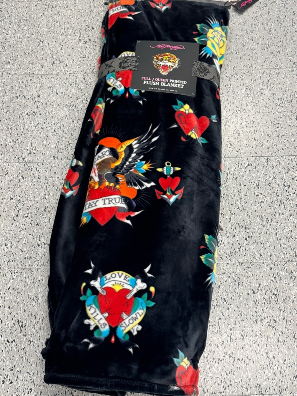Ed Hardy Black Plush Blanket with Red, Yellow & Blue Tattoo Motifs